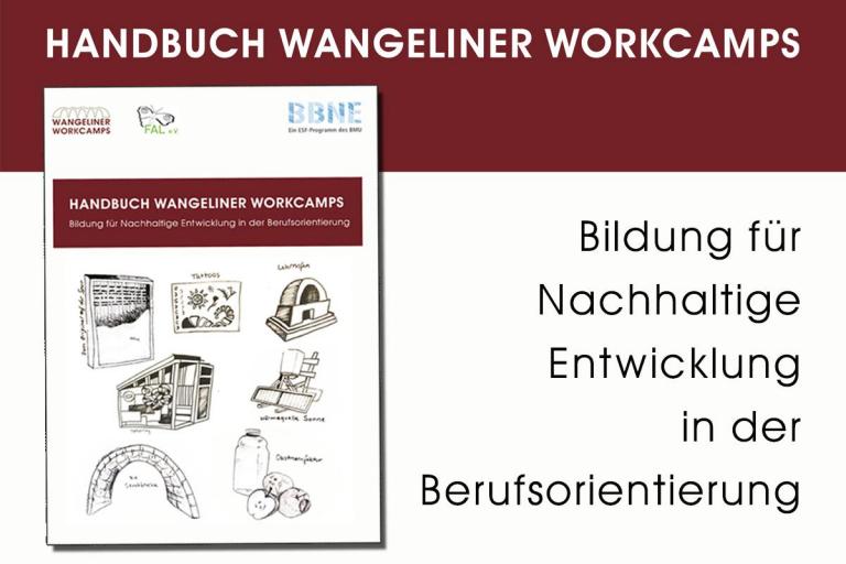 Titelseite Handbuch Wangeliner Workcamps mit je einer Skizze der sieben unterschiedlichen Workcamps